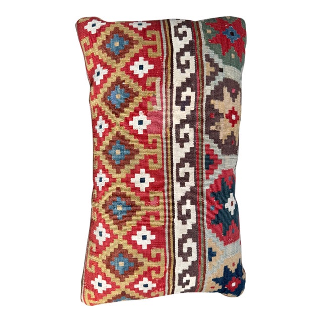 Colorful Tribal Accent Pillow Made From 19th Century Handwoven Wool Caucasian Kilim Rug For Sale