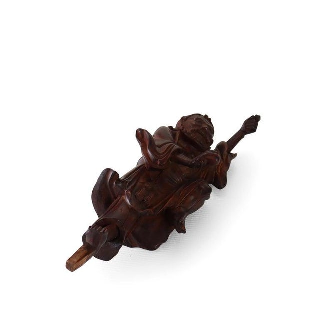 Chinese Carved Wood Folklore Figure With Wood Base 19thC - Set of 2 For Sale - Image 4 of 8