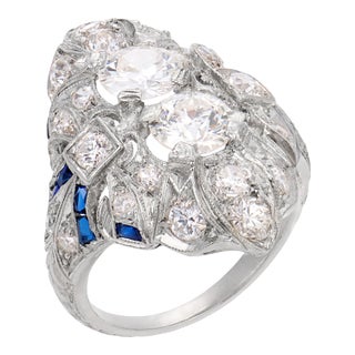 1920s Art Deco Old Cut Diamond Sapphire Navette Platinum Ring, Size 3 For Sale