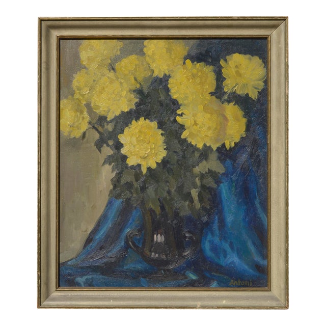 Yellow Mums With Blue Drape - Mid Century Floral Still Life by Antoni For Sale