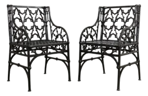 Pair of English Coalbrookdale Style Gothic Garden Armchairs