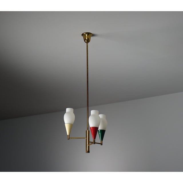 Gold Vintage Italian Brass and Opaline Glass Chandelier, 1950s For Sale - Image 8 of 9