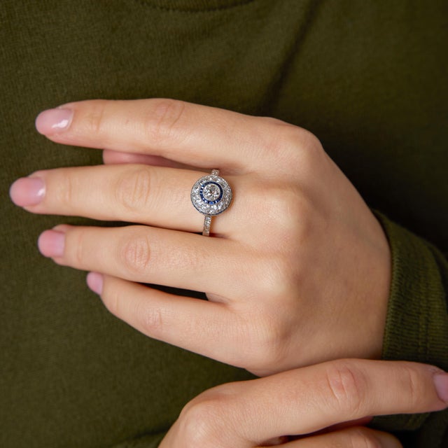 Early 20th Century Early 20th Century Art Deco Inspired Old European Cut Diamond Sapphire Platinum Halo Ring, Size 7 For Sale - Image 5 of 6