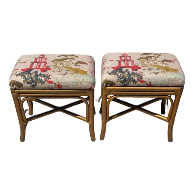 Pair of Vintage Painted Gold Bamboo Stools in Regal Fabrics “Zen Toile” Upholstery For Sale