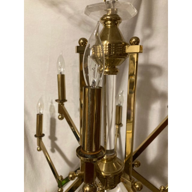 Brass Mid Century Modern Lightolier Style Brass and Lucite Angular 9 Arm Chandelier For Sale - Image 8 of 9