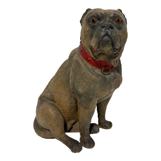 19th Century, Victorian Polychrome Terracotta Pug Dog With Glass Eyes For Sale
