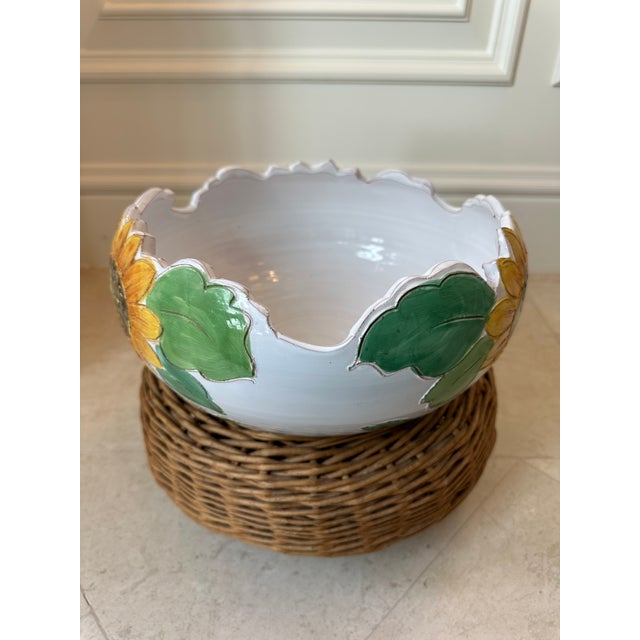 Vintage 12” Italian Sunflower Insized, Glazed Handpainted Terracotta Bowl For Sale - Image 9 of 18