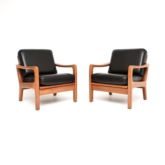 Mid-Century Modern Vintage Danish Teak and Leather Armchairs with Ottoman by Juul Kristensen, 1960, Set of 3 For Sale - Image 3 of 11