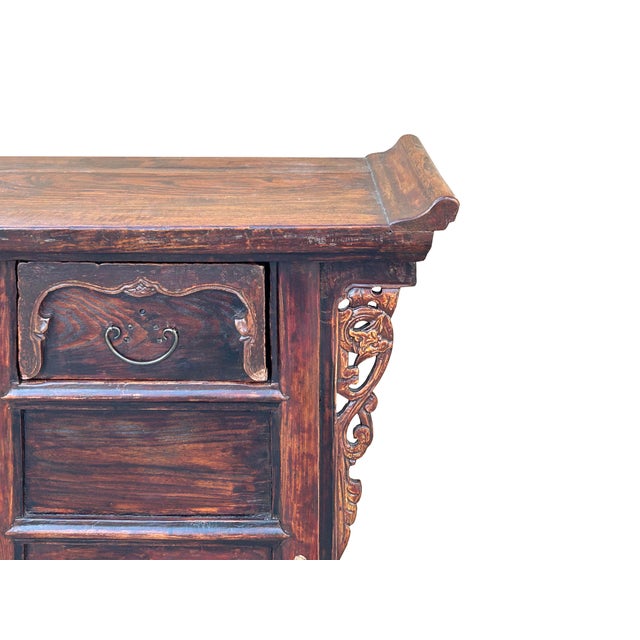 Vintage Chinese Oriental Brown Ru Yi Drawer Altar Foyer Side Table For Sale - Image 9 of 10