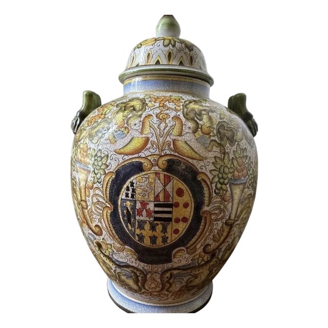 Large Cherub Painted Floor Vase/Urn For Sale