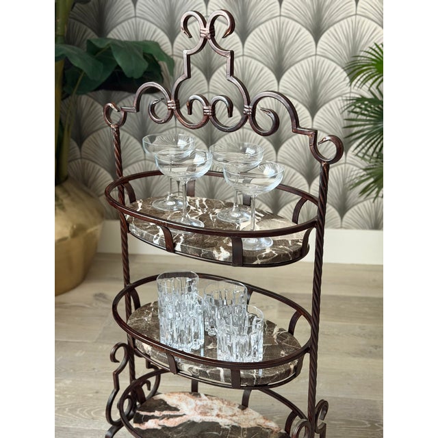 Marble Stone and Wrought Iron Metal 3-Tier Plant Stand or Bar Cart For Sale - Image 4 of 16