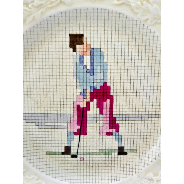 English Mason’s Ironstone Sampler Needlepoint Sporting Plates With Embossed Floral Borders, Set of 6, Circa 1930 For Sale - Image 12 of 18