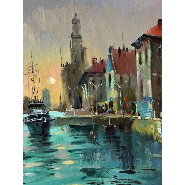 Turquoise Oil Painting Ships Are Sailing to the Venice Pier Yuriy Suprunchuk For Sale - Image 8 of 11