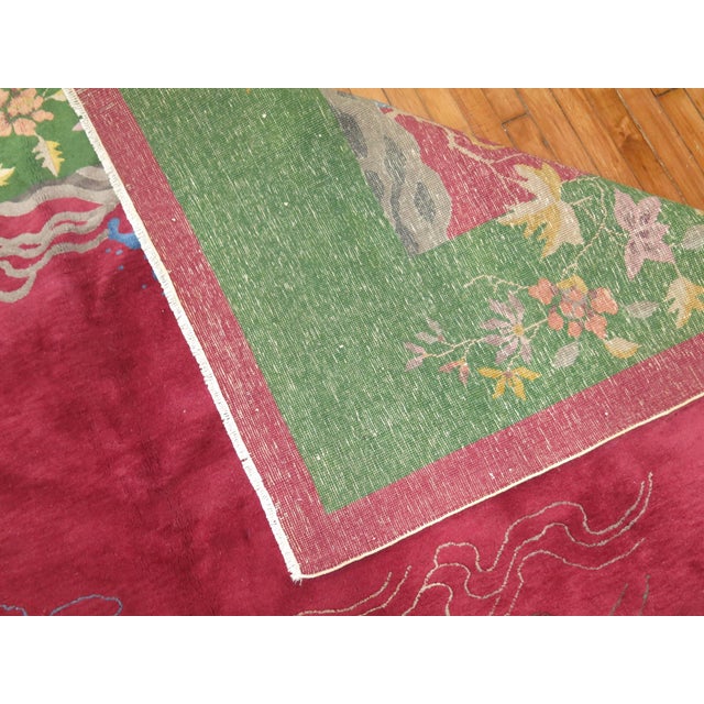 Antique Zabihi Collection Room Size Raspberry Ground Chinese Art Deco Rug For Sale - Image 9 of 10