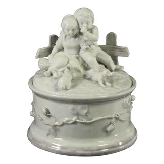 C. 1830-40 Biedermeier German Porcelain Figural Box With Kids & Bunnies For Sale