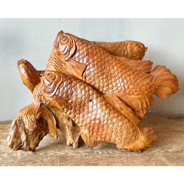 Wood Vintage Boho Carved Trunk Koi Sculpture For Sale - Image 7 of 8