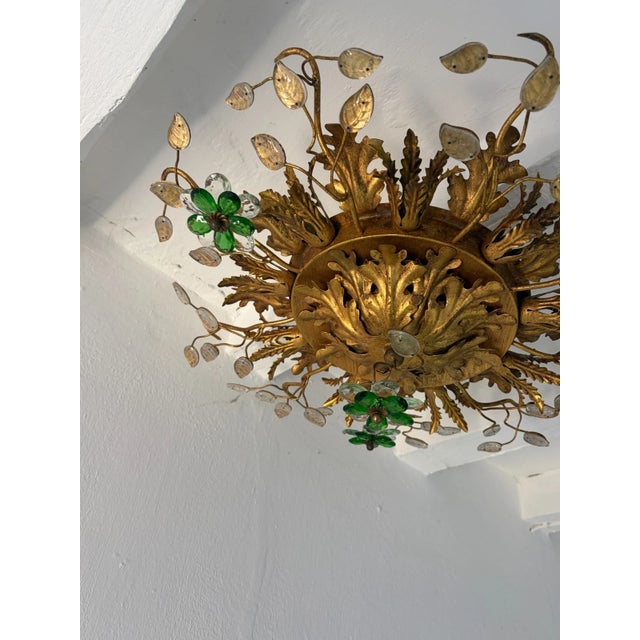 1950s Flush Mount Maison Baguès Crystal Green Flowers Leaves Chandelier 9 Lights For Sale - Image 5 of 11