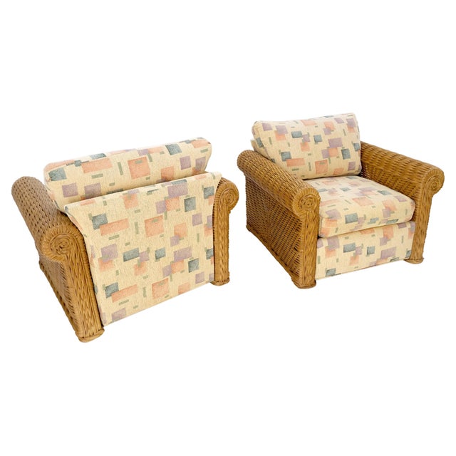 Pair Decorative c1970s Oversize Rttan Bamboo Wicker Club Lounge Chairs Mint! Geometric abstract modern upholstery fabric.