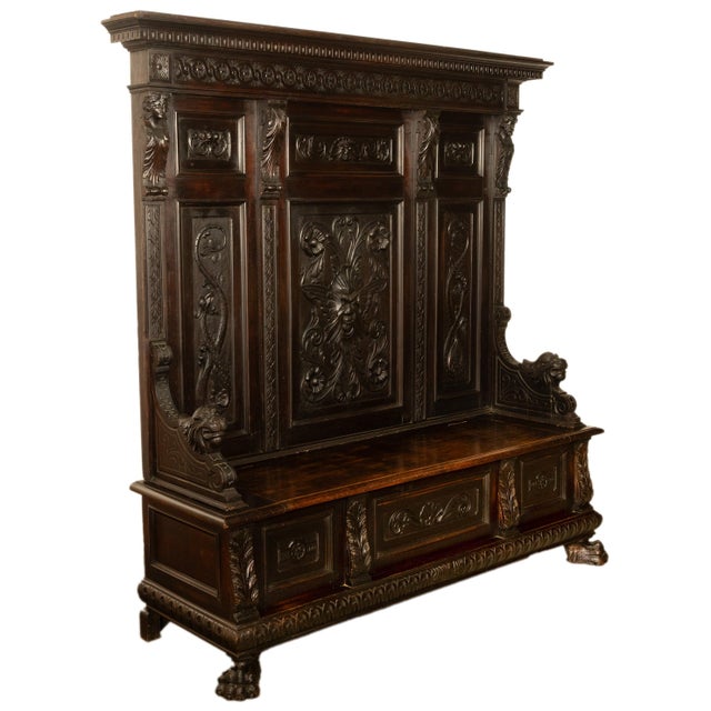 Late 19th Century Antique 19th Century Italian Renaissance Revival Carved Hall Bench Storage Settle 1880 For Sale - Image 5 of 15