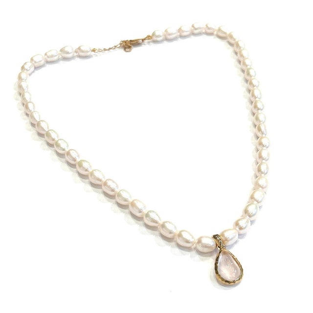 Transparent Bochic "Capri" Vintage Pearl & Pink Quartz Necklace Set 18K Gold & Silver For Sale - Image 8 of 18