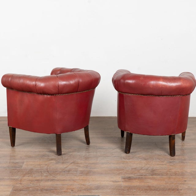 Pair of 20th Century Danish Red Vintage Leather Barrel Back Club Chairs For Sale - Image 12 of 12