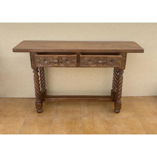 Brown Spanish Carved Console Table with Barley Twist Legs and Drawers, 1930s For Sale - Image 8 of 13