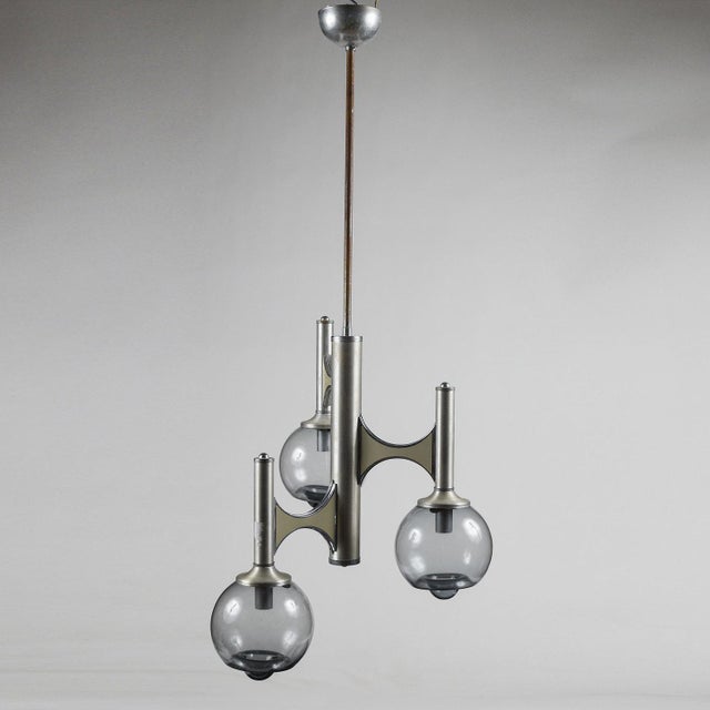 three-light chandelier in Mazzega style, Vintege space age model, measures 47 x 45 fully functional but has signs of wear...