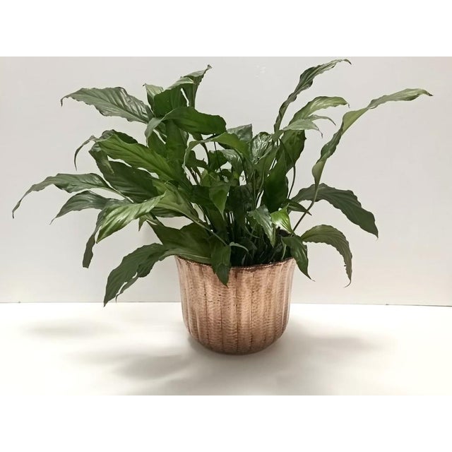 Made in Italy, 1950s. This elegant cachepot, which can also be used as a centerpiece or a vase, is made in embossed copper...