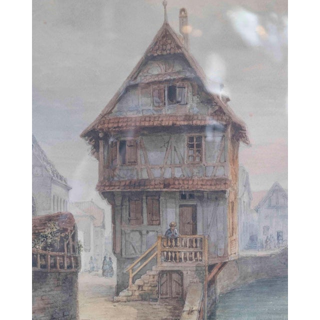 19th Century European Canal Townscape with Half-Timbered Architecture, Oil Painting For Sale In Atlanta - Image 6 of 8