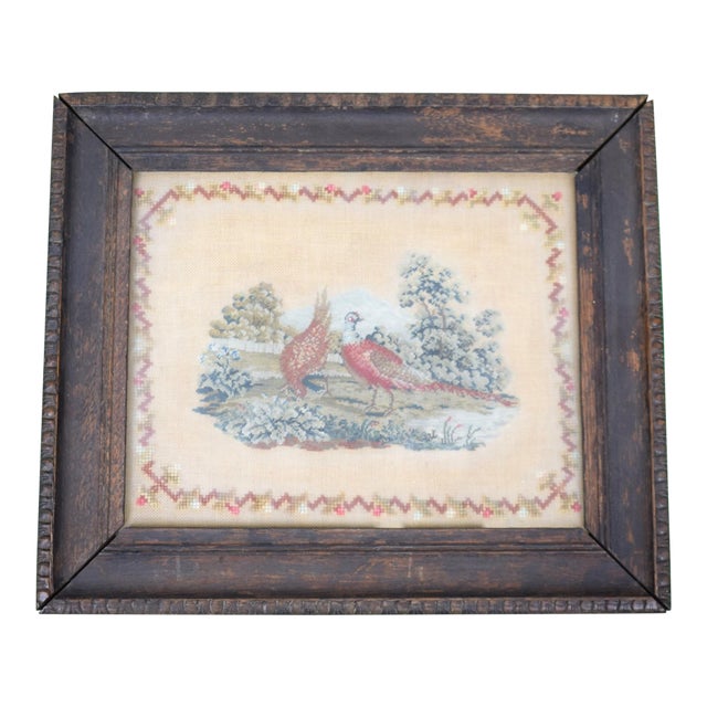 Late 19th Century Hand-Needlepoint Sampler With 2 Pheasants in a Landscape For Sale