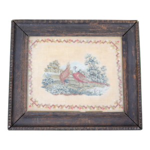 Late 19th Century Hand-Needlepoint Sampler With 2 Pheasants in a Landscape