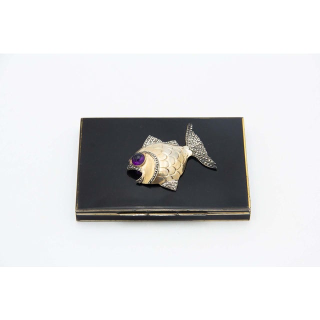 Enamel-Covered Silver Cigarette Case with Fish on the Lid For Sale - Image 4 of 4