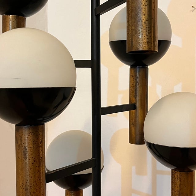 Mid-Century Modern Mid-Century Six-Light Floor Lamp in Brass, Lacquered Metal, and Glass attributed to Stilnovo, Italy, 1950s For Sale - Image 3 of 6