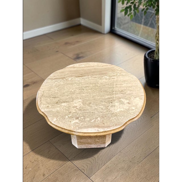 Stone Pair of 1970s Italian Travertine Scalloped Edge Pedestal End Tables For Sale - Image 7 of 17