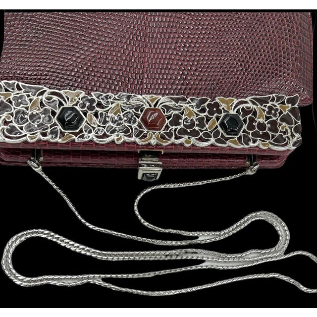 Art Deco 1990s Judith Leiber Lizard Skin Brown Burgundy Day Evening Handbag Gem Enamel Vintage For Sale - Image 3 of 12