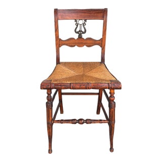 Antique 19th C Petite Lyre Back Side Chair W Rush Seat For Sale