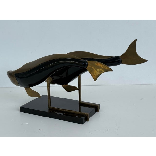 Mid-Century Modern Vintage Brass and Wood Sculpture Depicting Two Fish For Sale - Image 3 of 8
