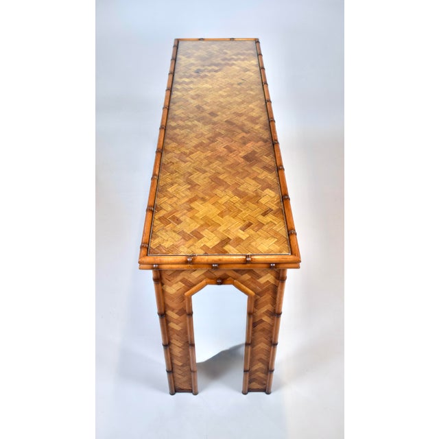 1970s Vintage Basket Weave Woven Rattan Console Table For Sale - Image 5 of 10