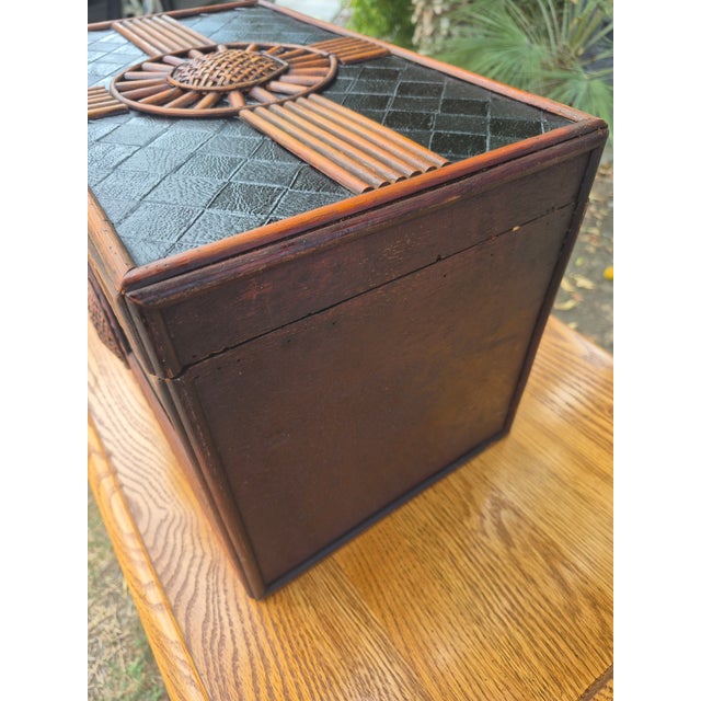 Mid-Century Modern Mid 20th Century Bohemian Woven Bamboo and Rattan Decorative Storage Chest With Sunburst Motif For Sale - Image 3 of 11