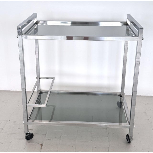 Mid-Century Italian Chrome and Glass Two Tier Rolling Bar Cart, 1970s For Sale - Image 10 of 17