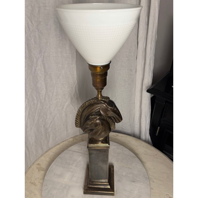 Brass 1960s Mid-Century Modern French Style Patinated Brass Double Horse Table Lamp For Sale - Image 8 of 11
