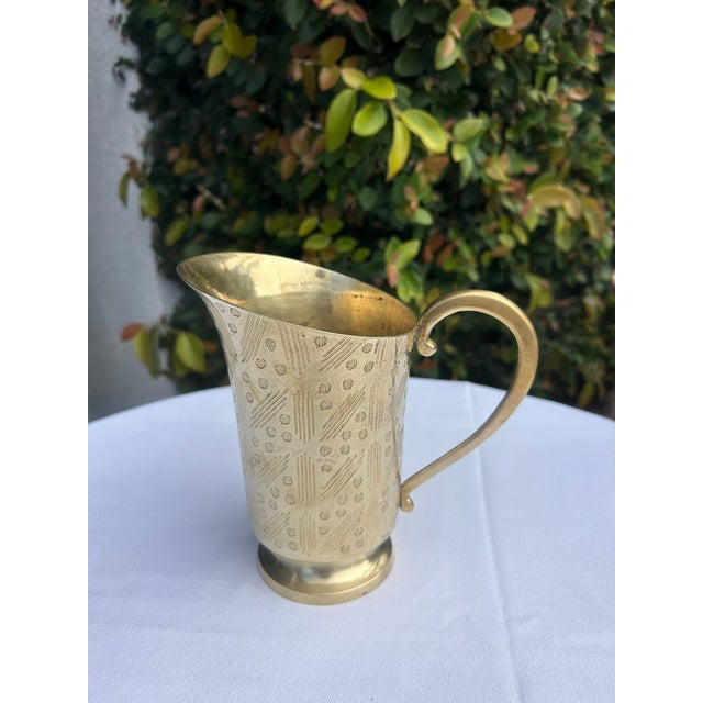 Vintage Etched Brass Pitcher With Pedestal Base For Sale - Image 4 of 14
