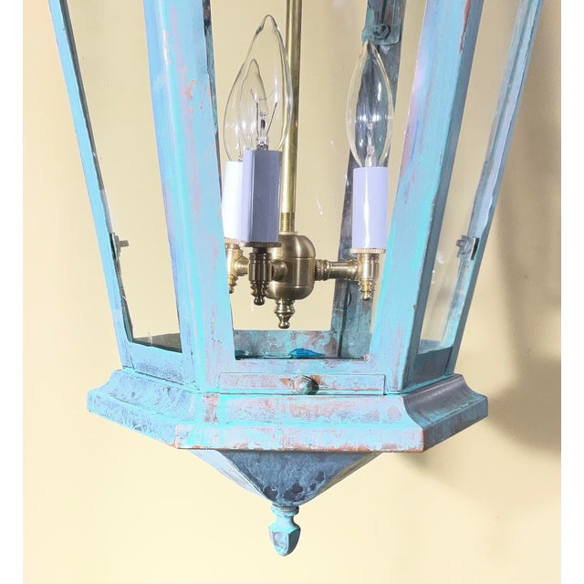 Large Vintage Solid Brass Hexagonal Lantern – Verdigris Patina For Sale In Miami - Image 6 of 13