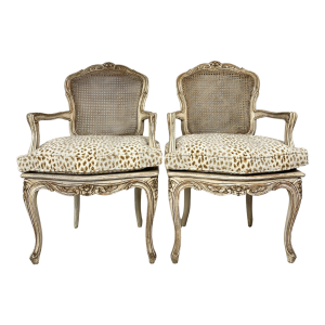 1980s Painted Frame Caned Back French Leopard Arm Chairs- a Pair