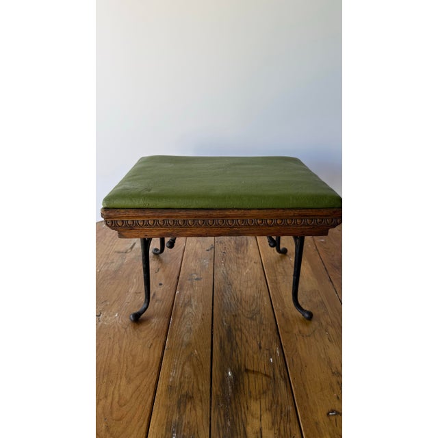 19th Century Antique Cobblers Stool-Carved-Egg and -Dart Trim, Green Leather and Iron Legs. For Sale - Image 12 of 12