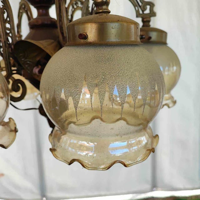 Glass, Wood and Metal 6-Arm Chandelier For Sale - Image 4 of 11