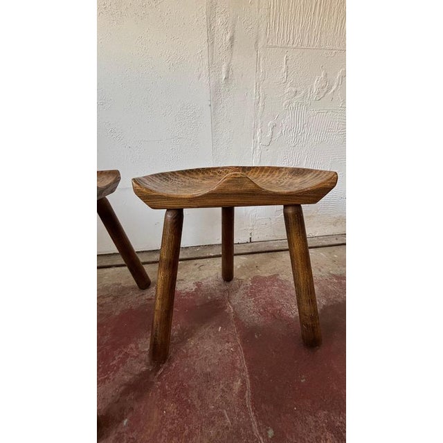 Wood French Brutalist Artisan 3-Legged Stools, 1990s, Set of 2 For Sale - Image 7 of 11