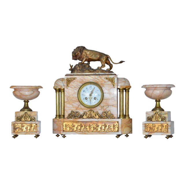 Fine Egyptian Revival Marble Doré Bronze Clock and Garnitures After Bayre - Set of 3 For Sale