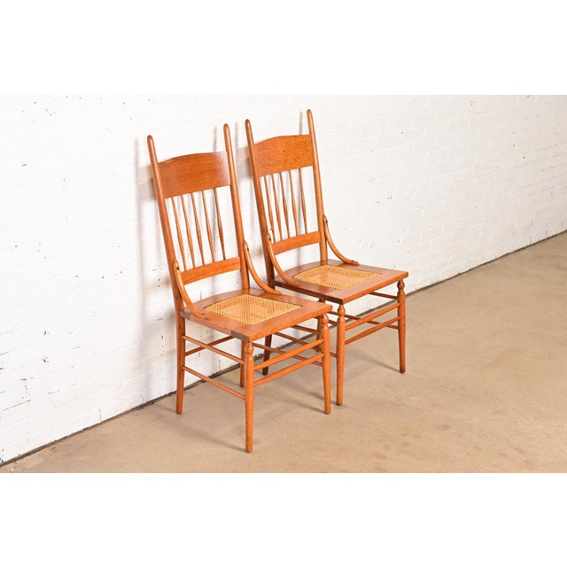 Limbert Style Antique Arts & Crafts Carved Oak Cane Seat Spindle Back Side Chairs or Dining Chairs, Pair For Sale - Image 11 of 11