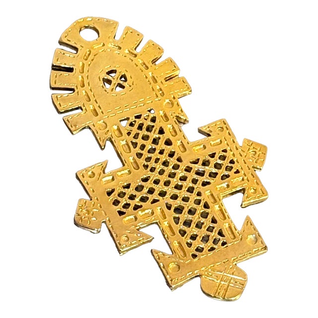 Gayle Clark 1990s Gold Tone Large Ethiopian Coptic Cross Pendant For Sale